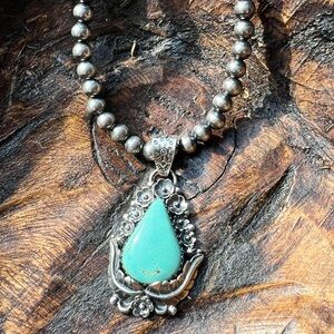 925 Sterling Silver Kingman Turquoise Teardrop Pendant • Floral Detail •